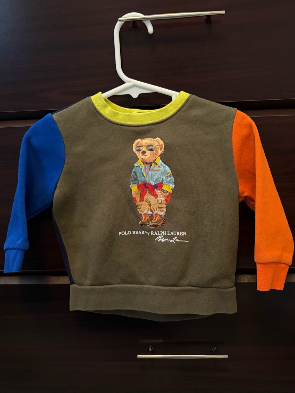 Polo by Ralph Lauren Olive Sweatshirt with Blue & Orange Sleeves size 9 months